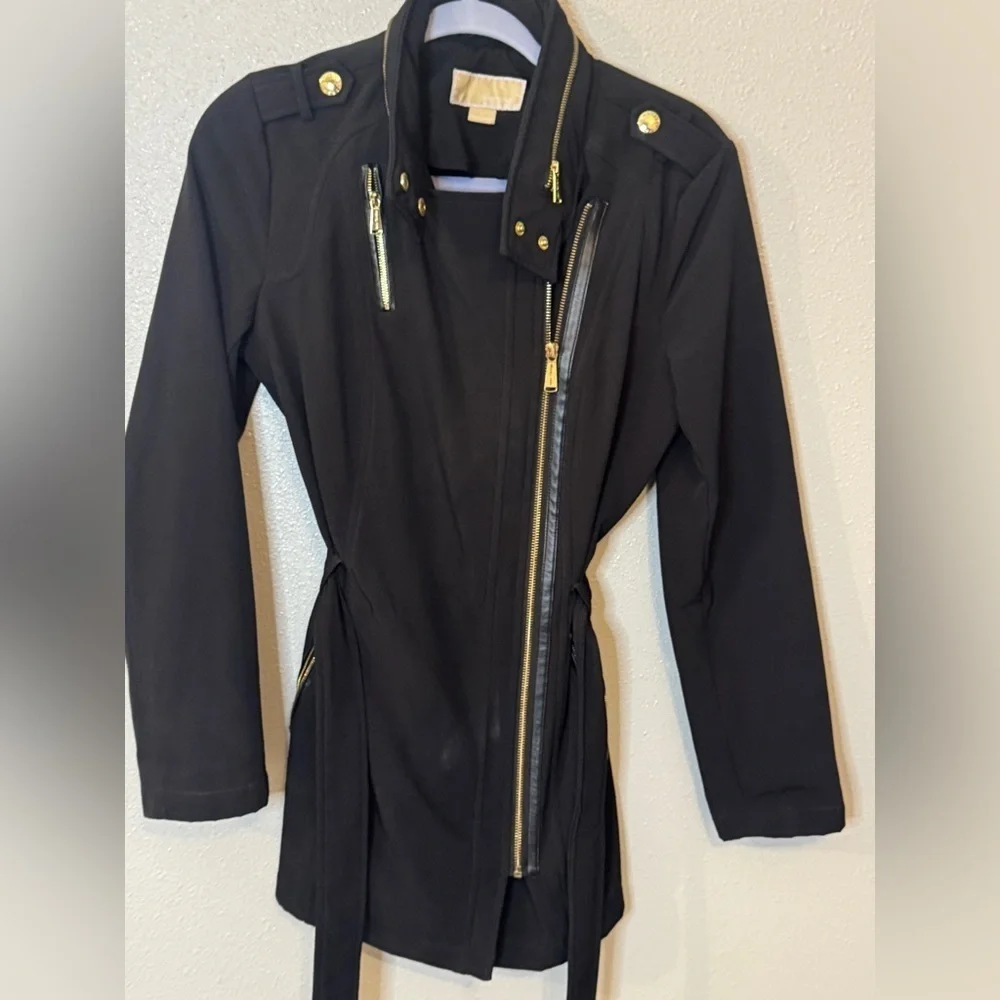 Michael Kors Black Belted Trench Coat Asymmetrical Zip Gold Hardware Small